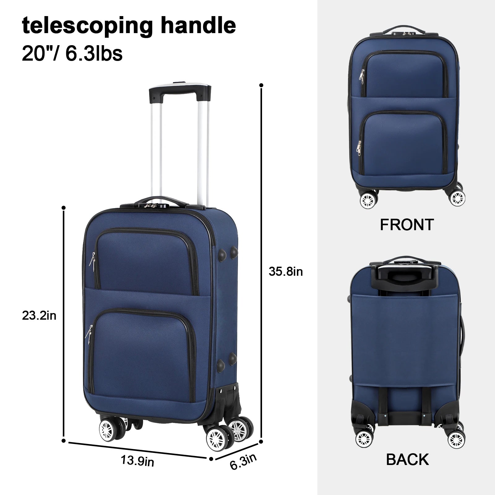 20 inch lightweight luggage with rotating wheels