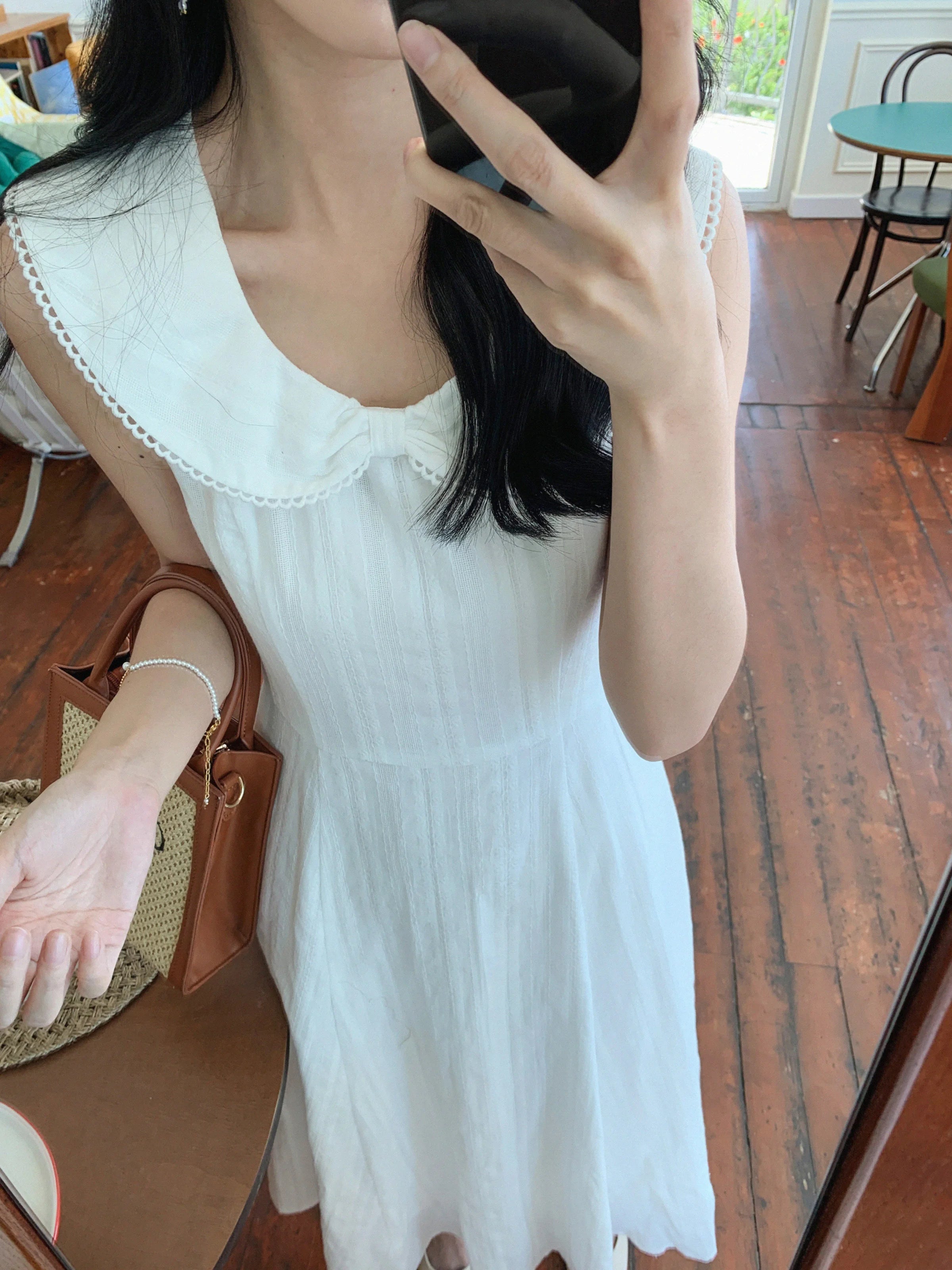 White Bow Jacquard Sundress Women Sweet Summer A-Line Dress with Tie Straps Petite Fit Flowy Midi Dress Cute Vacation Daily Wear