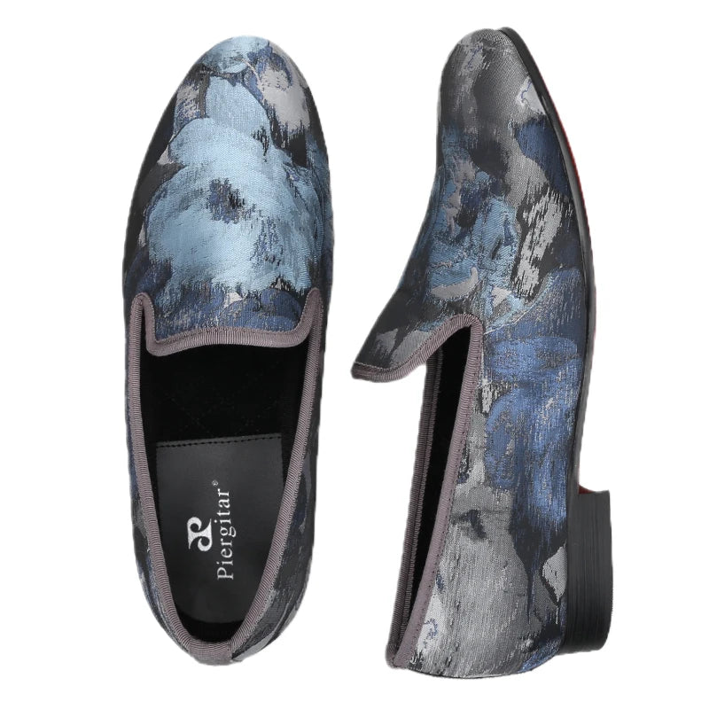 Piergitar 2023 New Abstract Printed Cotton Men's Loafers For Party Handmade Slip-On Moccasins Red Outsoles Smoking Slippers