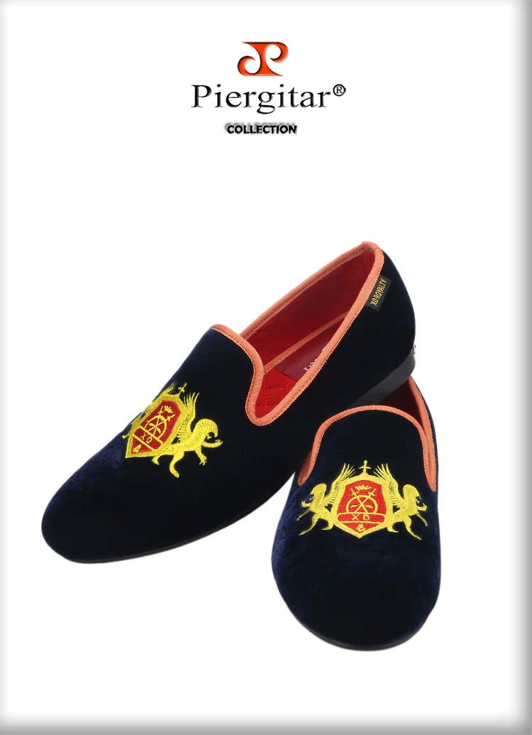 Piergitar British Style Embroidery Navy Velvet Shoes With Gold Outsole Handmade Men Loafers Slip-On Smoking Slippers For Party