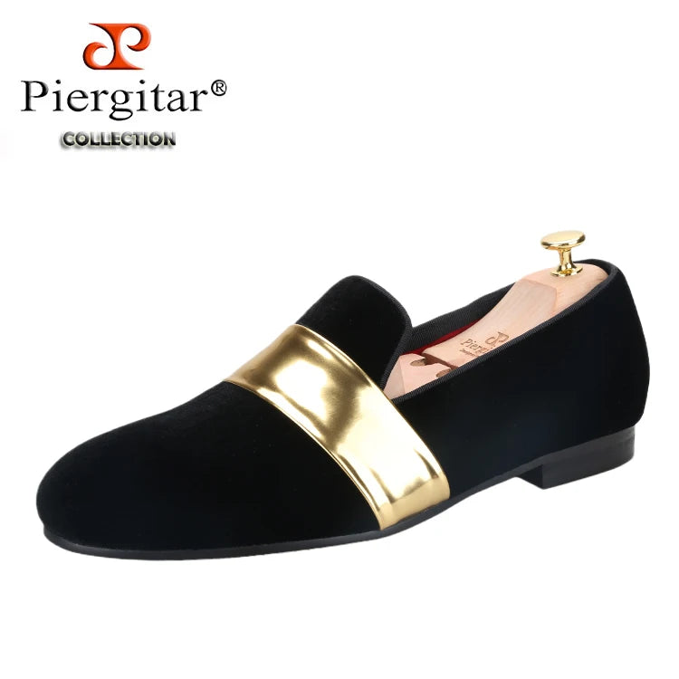 Piergitar New Style Handmade Men Velvet Loafers With Gold Patent Leather Crossbands Fashion Party And Wedding Male Dress Shoes