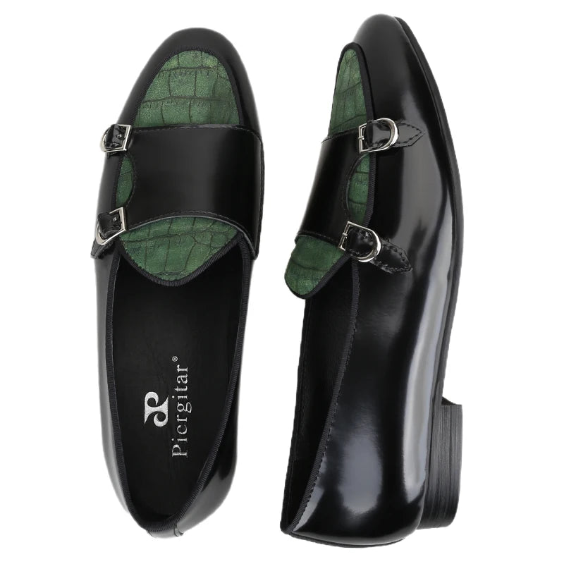 Piergitar Black Polished Leather Patchwork Green Crocodile Suede Men's Monk Shoes Handmade Slip-On Loafers For Wedding And Party