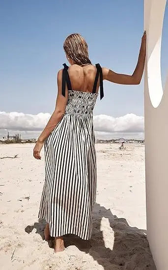 2025 Women's Summer Style Striped Rubber Elastic Sexy Big Swing Bag Suspender Dress Club Clothing Vestidos