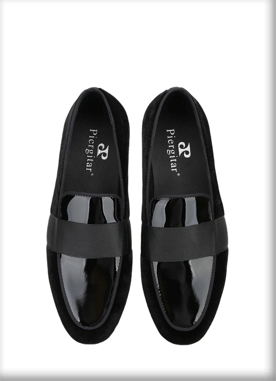Black Velvet Patent Leather Loafers with Horizontal Band Handmade Flats for Party Formal Suits