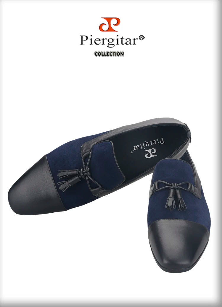 Piergitar 2023SS Navy Suede And Black Calfskin Leather Slippers With Handmade Tassels Italian Design Classic Men's Loafers
