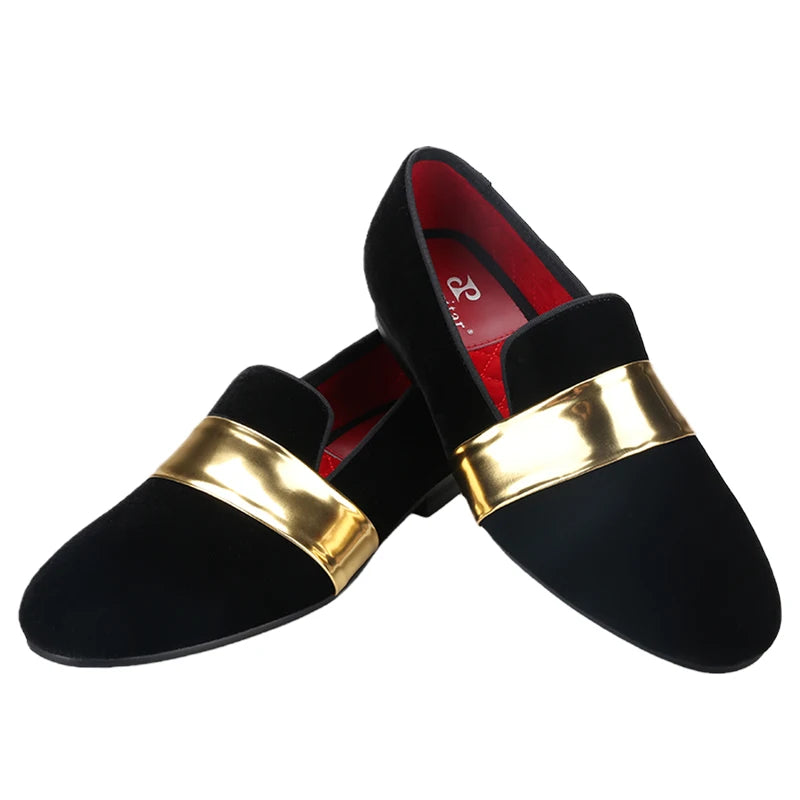 Piergitar New Style Handmade Men Velvet Loafers With Gold Patent Leather Crossbands Fashion Party And Wedding Male Dress Shoes