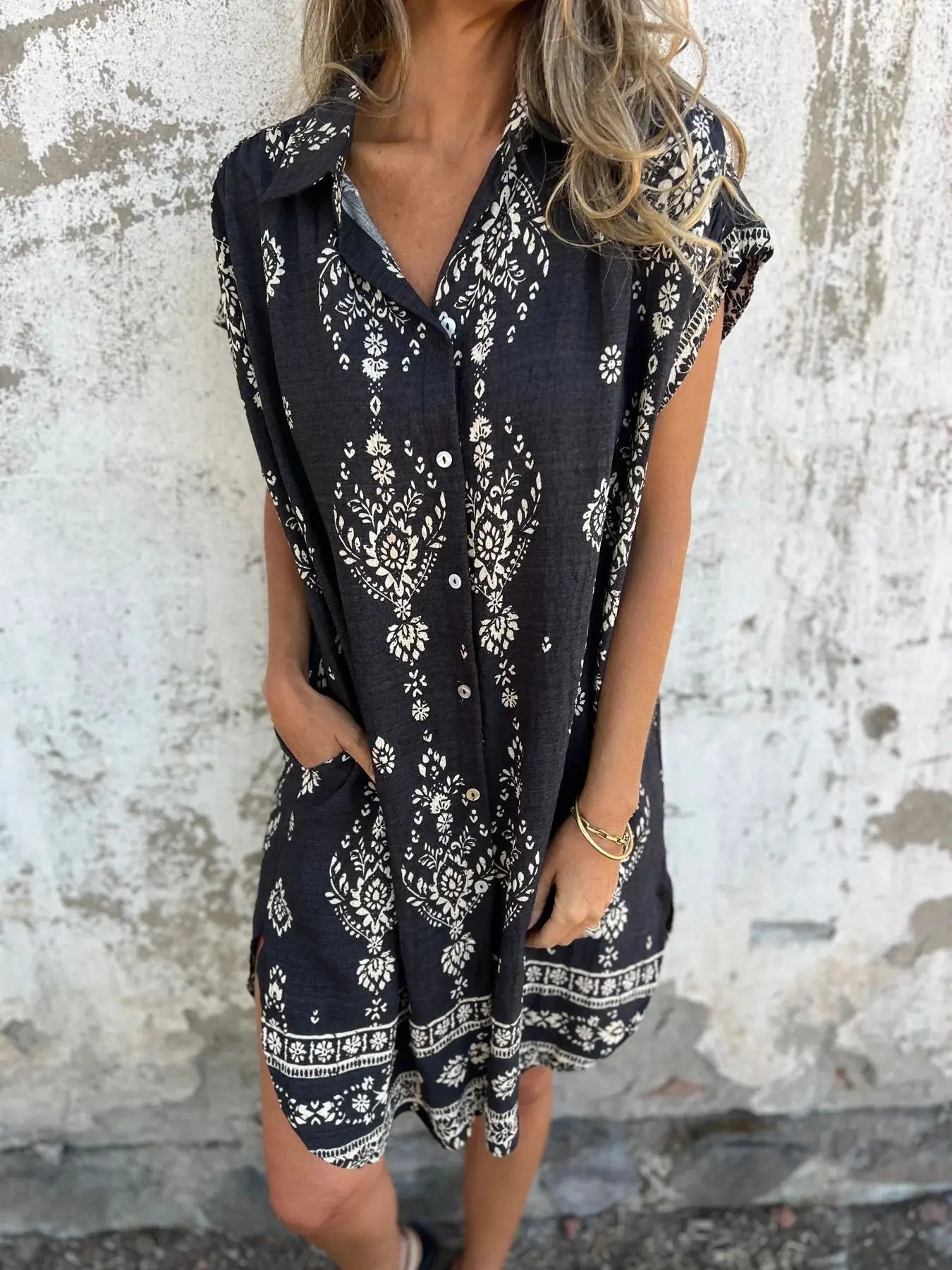 2025 New Women's Shirt Dress Loose Button Cardigan Fashion Printed Short Sleeve Pocket Cotton Linen Blend Vacation Beach Skirt