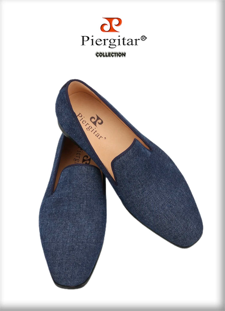 Piergitar 2022 New Summer Style Navy Denim Men's Loafers Red Outsole Man Smoking Slippers Breathable Leather Insole Plus Size