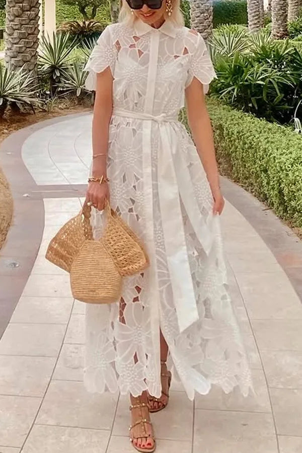 Women's Hollow Lapel Tie Up Lace Dress