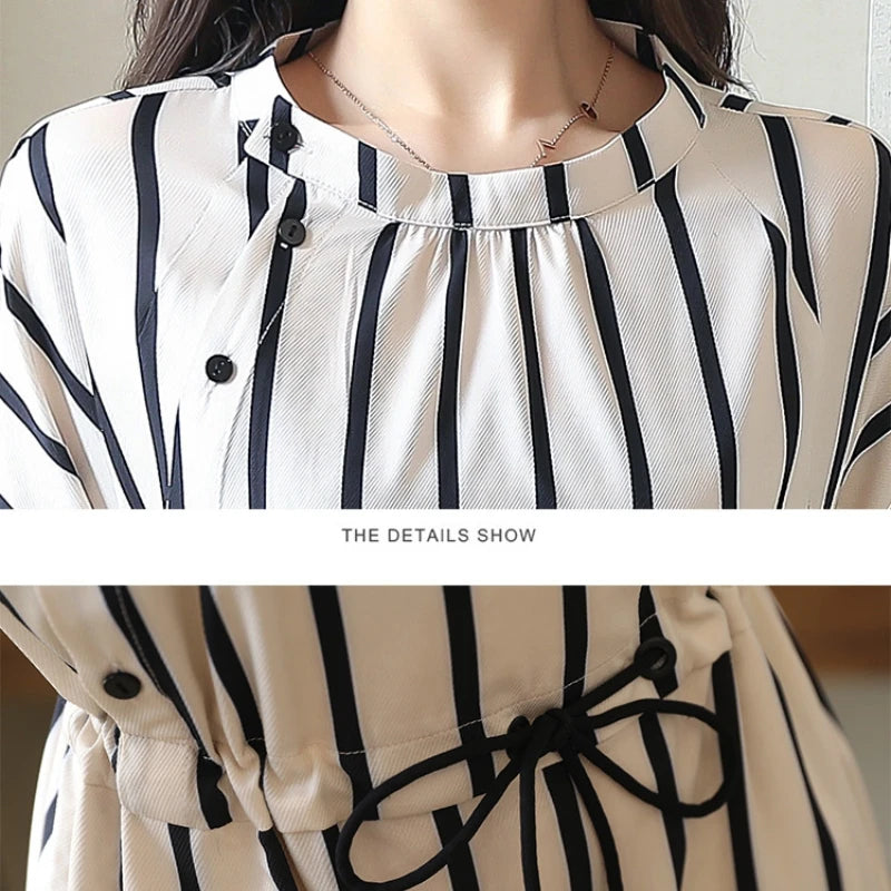 casual office lady dresses for women in a stripey short-sleeved midi dress