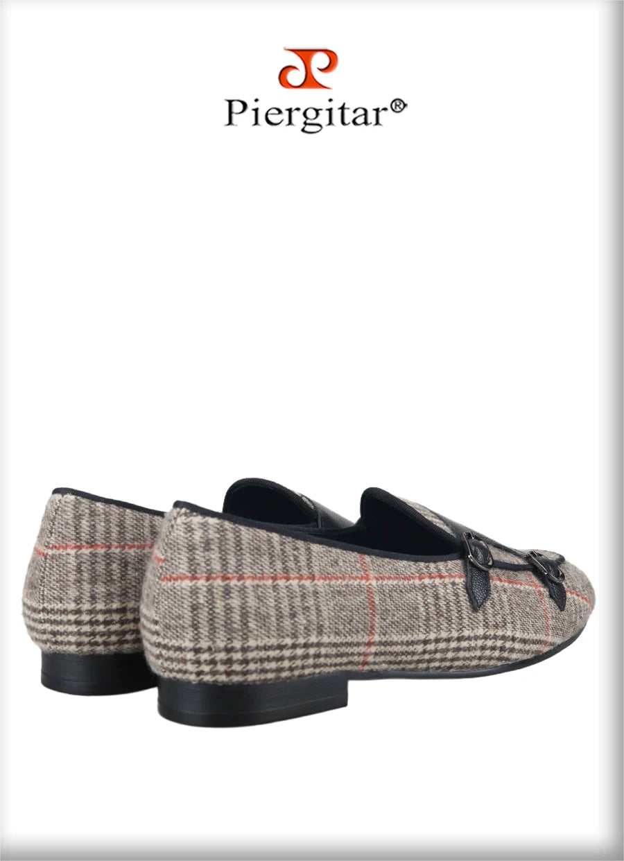 Piergitar 2024 Summer Style Plaid Cotton Men's Loafers Handmade Stitching Metal Buckle Monk Slippers Breathable Leather Insole