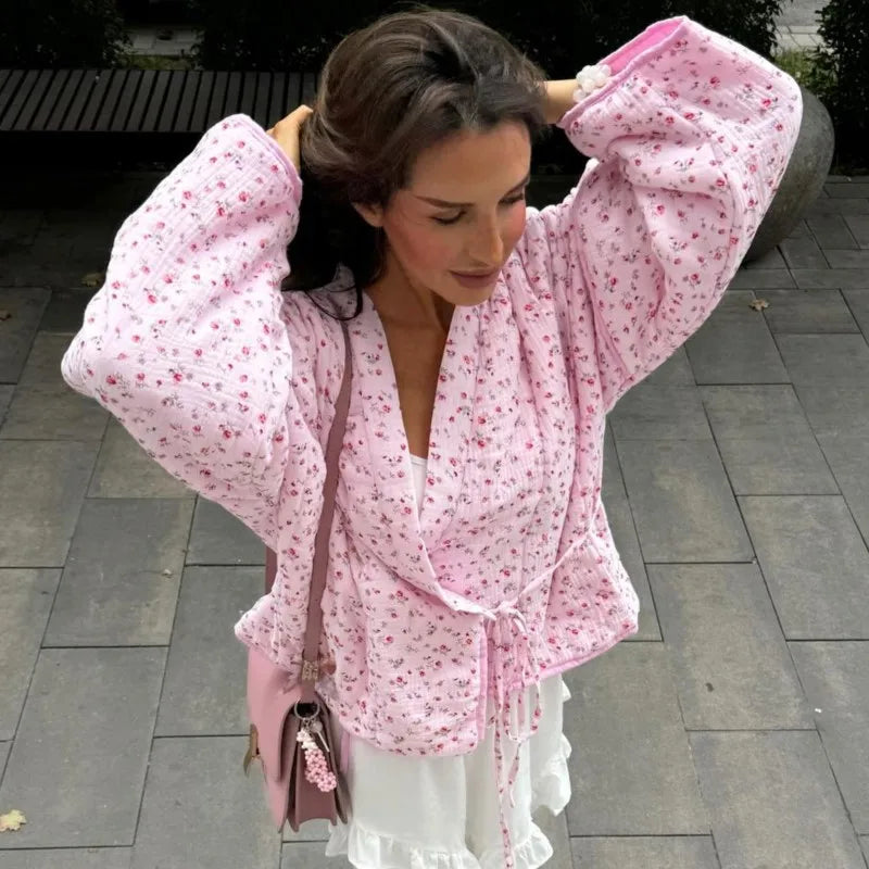 Floral Printed Women's Cardigan Cute Lace up Pink Women Coat Casual Loose Autumn Warm Coats Fashion New Ladies Coats Outerwear