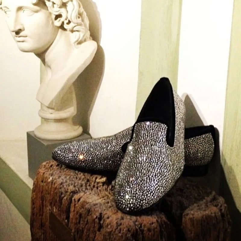 Piergitar 2024 Gold Crystals On Black Suede Slip-on Smoking Slippers Handmade Men's Loafers For Luxury Evening Party And Prom