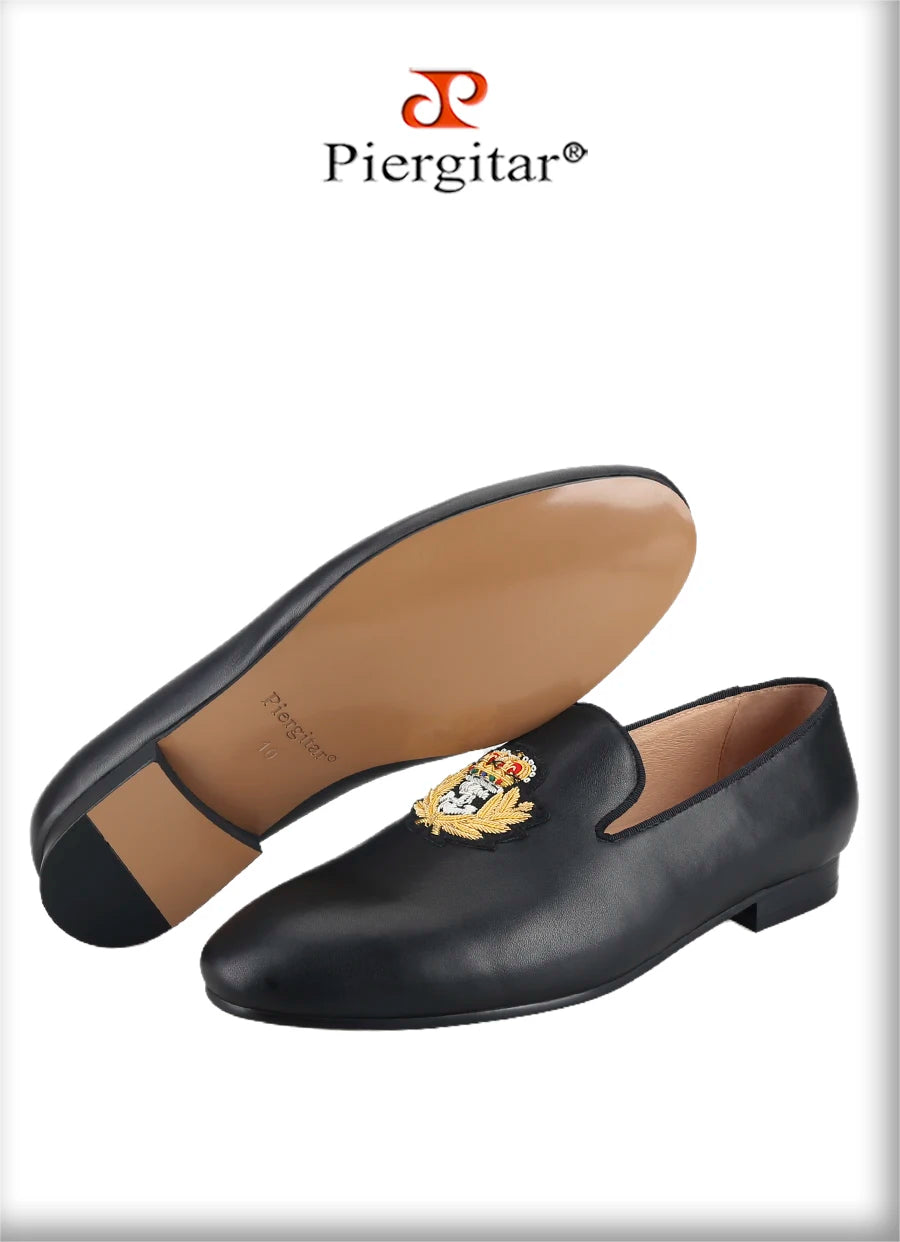 Piergitar Summer New Arrival Cow Leather Men Loafers With Luxurious Royal Style Gold Embroidery For Party Handmade Slip-On Shoes