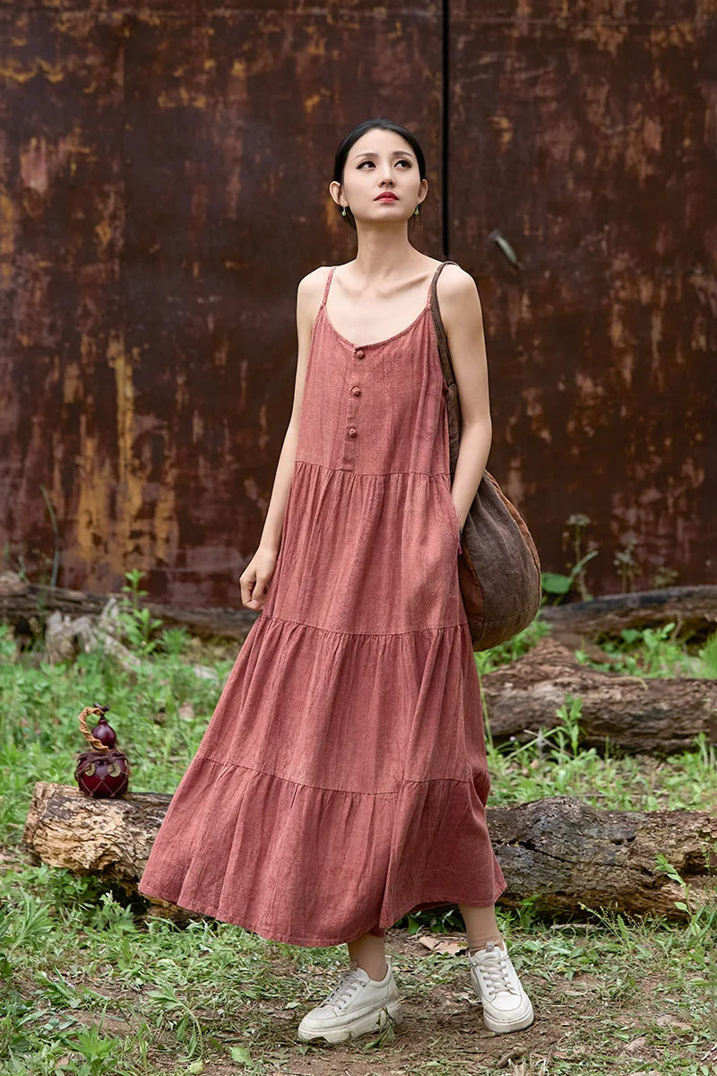 Cotton Linen Long Spaghetti Strap Dress
