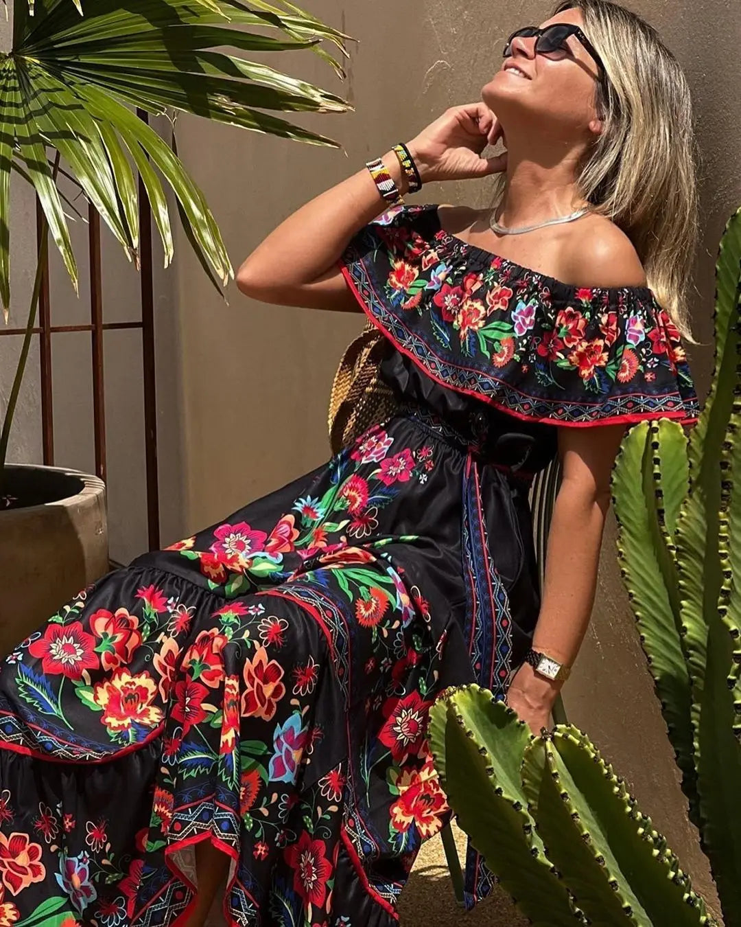 2024 Spring/Summer New Women Retro Fashion One Shoulder Red Flower Printed Waist Collection Long Style Large Swing Casual Dress