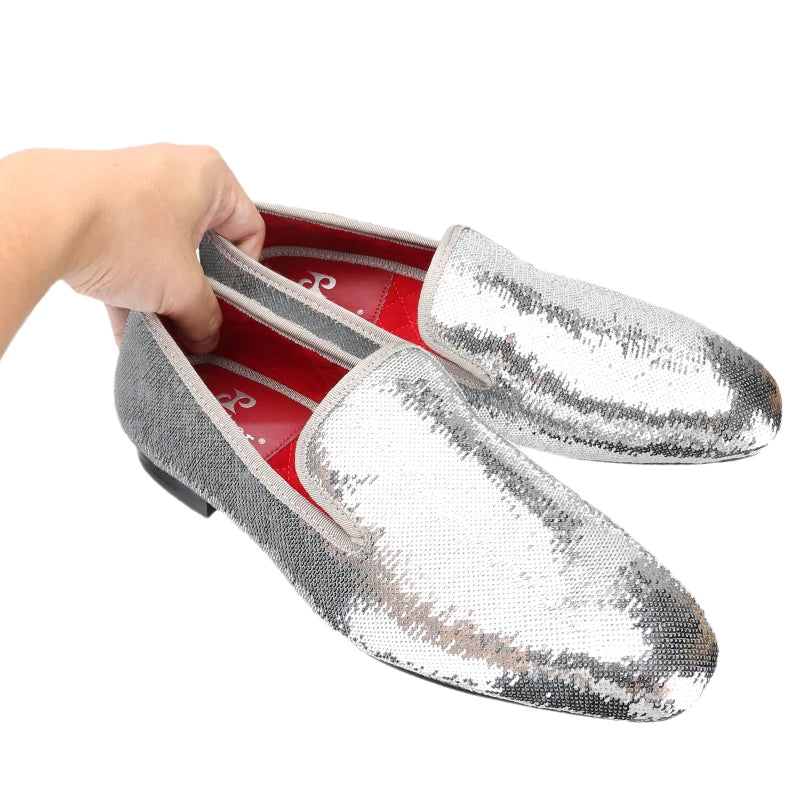 Men's Smoking Slippers With Red Outsole And Sequins for Weddings and Proms
