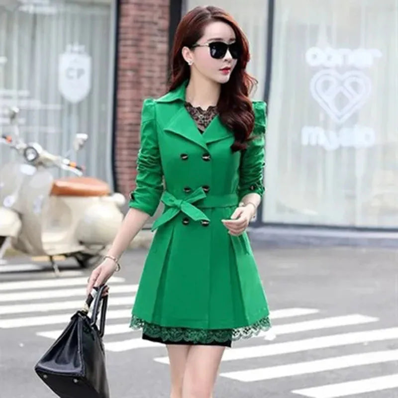 2025Spring Autumn New Windbreaker Coat Women Fashion Slim Mid Long Lace Trench Coat Female Casual Double-breasted Outerwear Tops