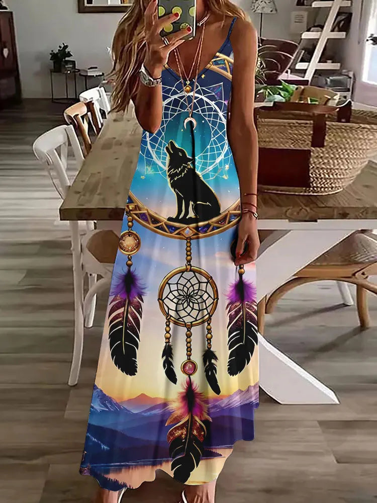 Women's Long Spaghetti Strap Tribal Pattern Dress