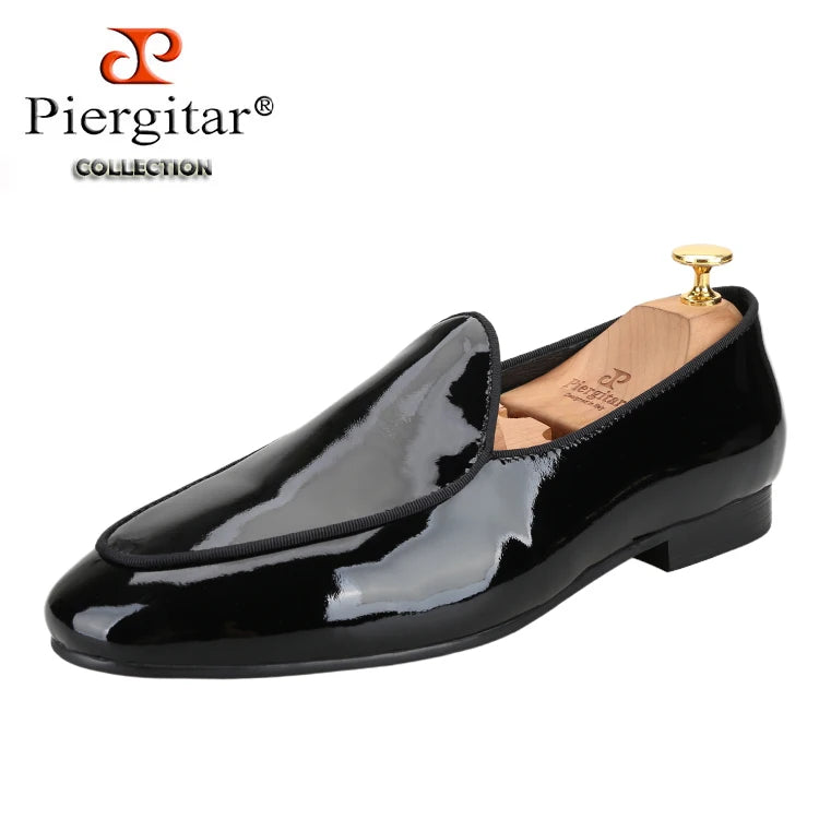 Piergitar Classic Style Black Patent Leather Slip-On Loafers For Party And Wedding Handmade Men's Dress Shoes Luxury Red Bottom