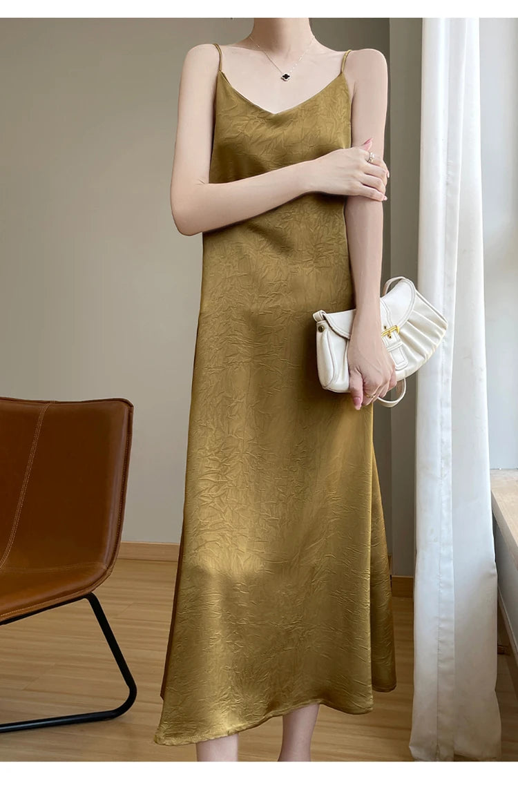 2025 New 100% Anti Wrinkle Mulberry Silk Strap Dress for Women's Summer New Loose Long Skirt