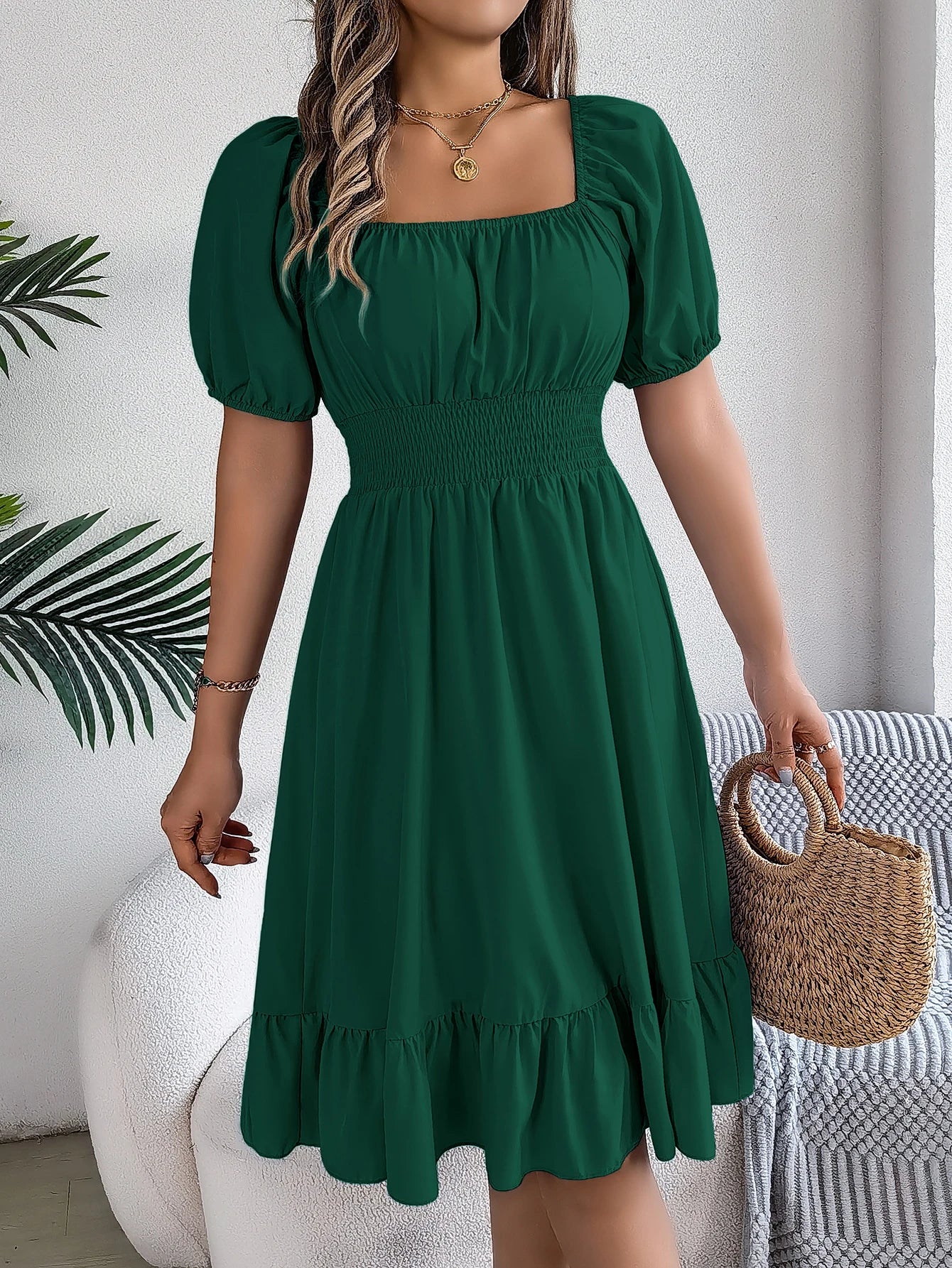2024 New Fashion Solid Puff Sleeve Square Neck Ruched Bust Ruffle Hem Wasit Dress, Women's Clothing