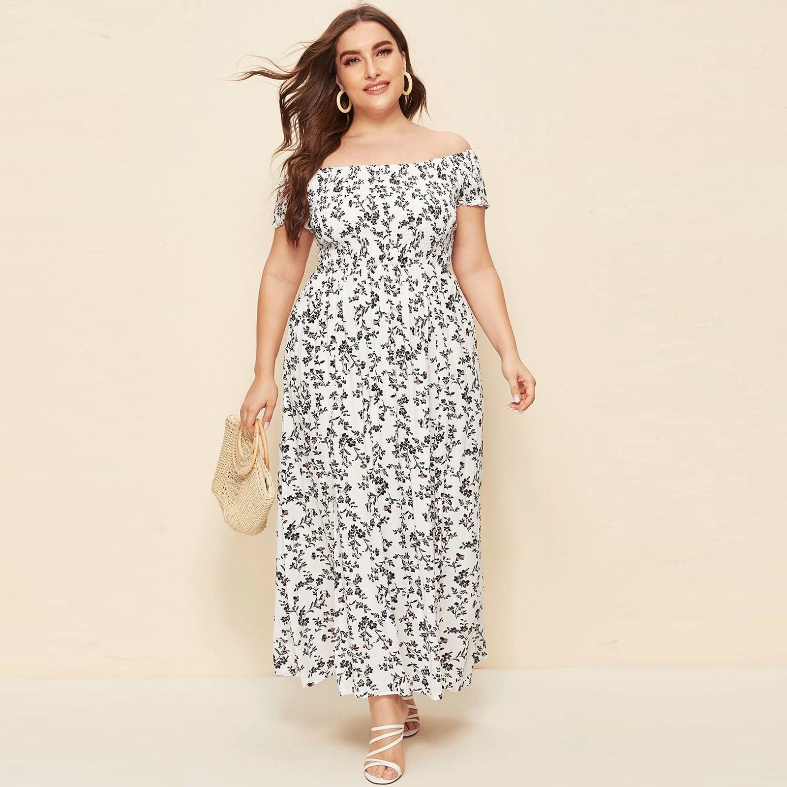 Plus Size Summer Dresses with Slash Necks, Shirred Bodice and Split Thigh Floral Dresses
