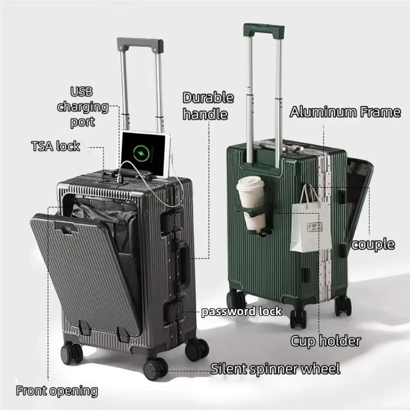 Aluminum Suitcase Front Opening Rolling Luggage