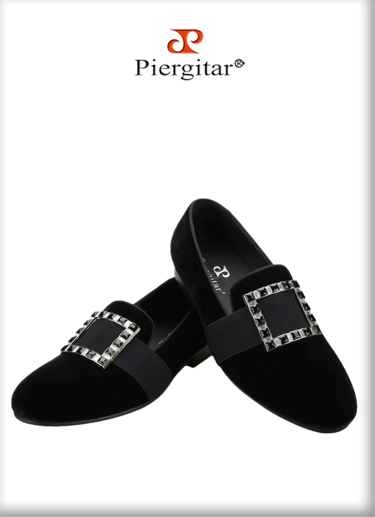 Piergitar Black And Silver Rhinestones Square Buckles Men Velvet Shoes For Wedding Or Party Handmade Slip-On Loafers Plus Size