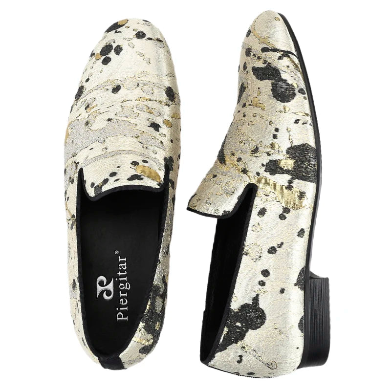 Piergitar Gold Color Ink Embossed Silk Men's Loafers Slip-On Model Handmade Moccasins For Wedding Breathable Leather Insole