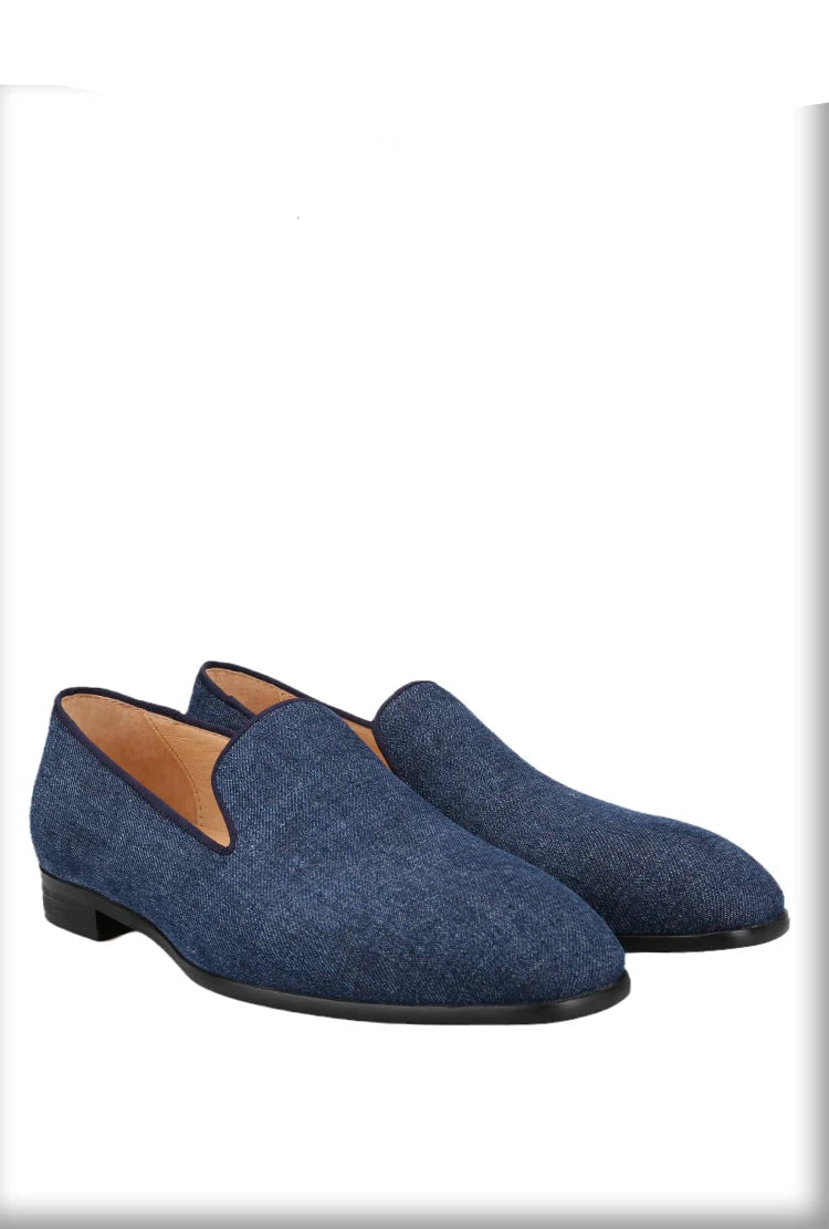 New Summer Style Navy Denim Mens Loafers with Red Outsole and Breathable Leather Insole plus Size