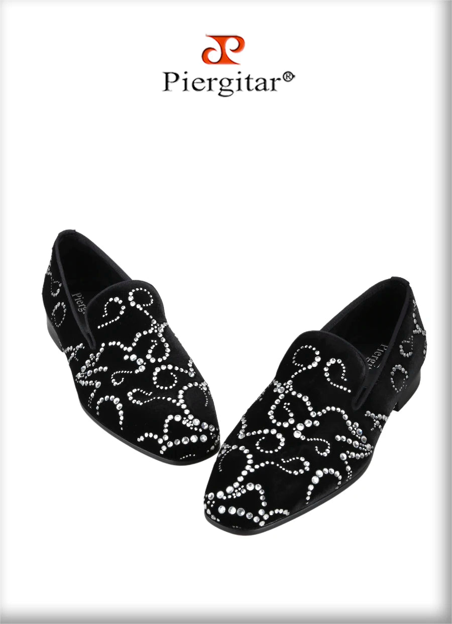 Piergitar Black Velvet And Octodandelion Strass Loafers Luxury Brand Same Design Red Bottom Handmade Crystals Men's Moccasins
