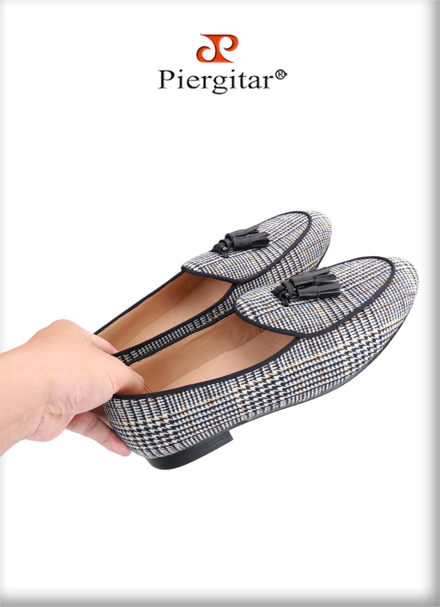 Piergitar Gray Color Gingham Cotton Men's Loafers With Leather Tassels Fashion Party Handmade Smoking Slippers Slip-On Flats