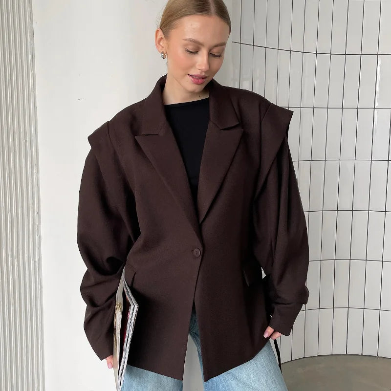 Trendy Lace-up Waist Cinching Blazer Woman Casual V-neck Solid Office Outerwear 2025 Autumn New Commute Long Sleeve Short Coats