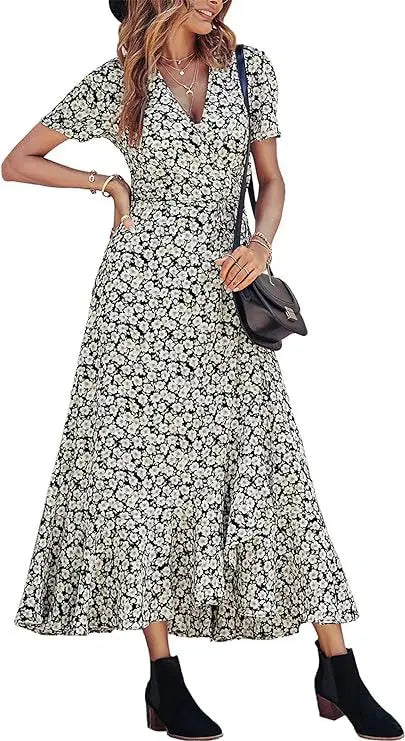 2025 Summer Women's Short-sleeved Dress V-neck Floral High Waist Slim and Stylish Bohemian Pleated Long Skirt