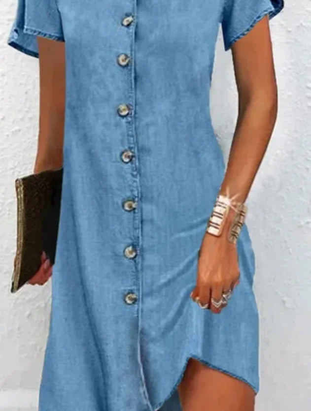 New women's casual fashion cover simple fresh square collar button short sleeve high waist denim dress