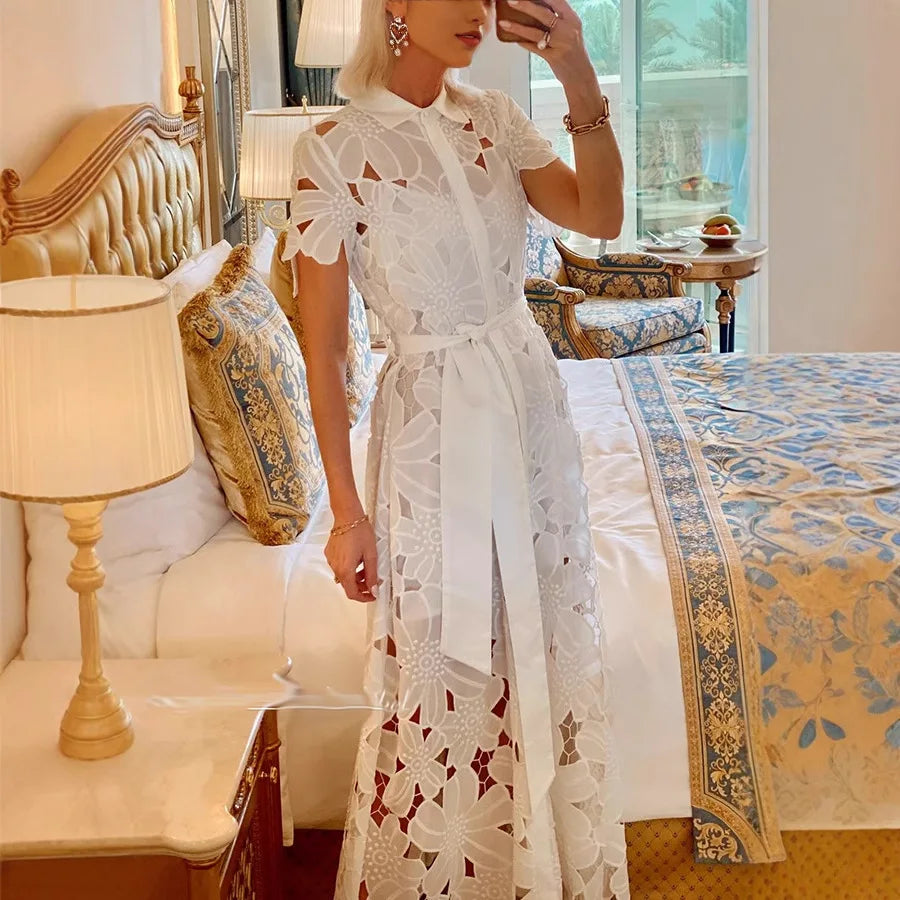 Women's Hollow Lapel Tie Up Lace Dress