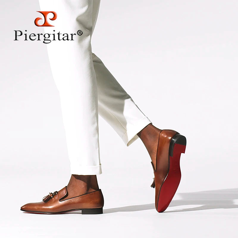 Piergitar Patinated Calf Leather Iconic Dandelion Loafers With Tassels Featuring Metal Spikes CL Brand Same Model Men Moccasins