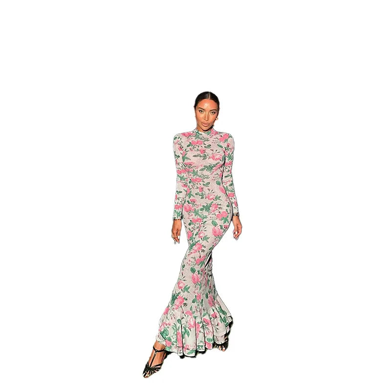 Temperament long sleeve slim long printed dress women's new autumn fashion elegant long dress