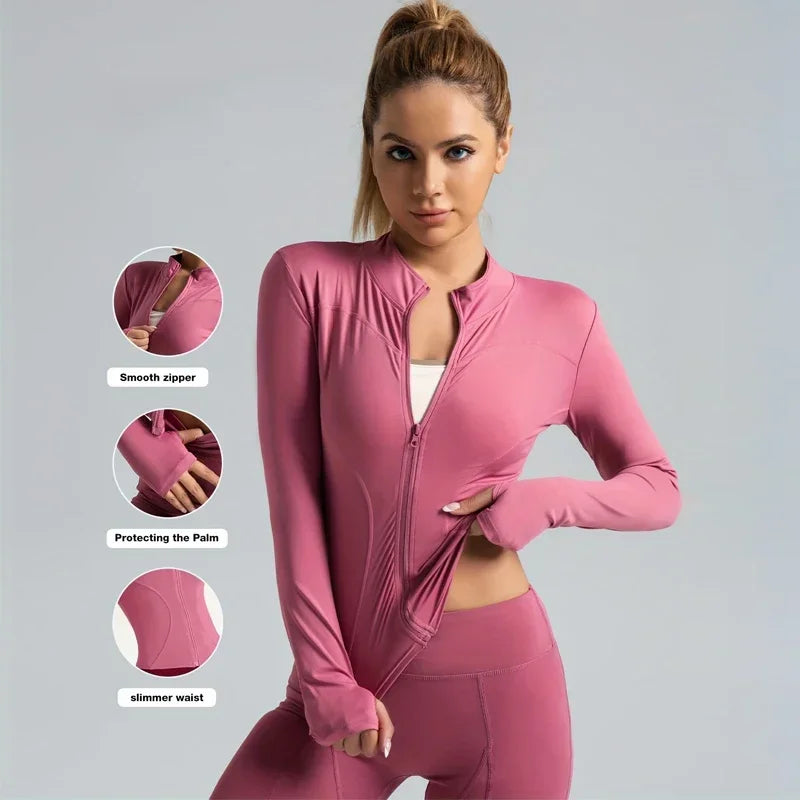 Seamless Sports Outerwear Yoga Coat Cropped Jacket for Gym Running High Waisted Moisture Wicking Workout Top with Coat Women