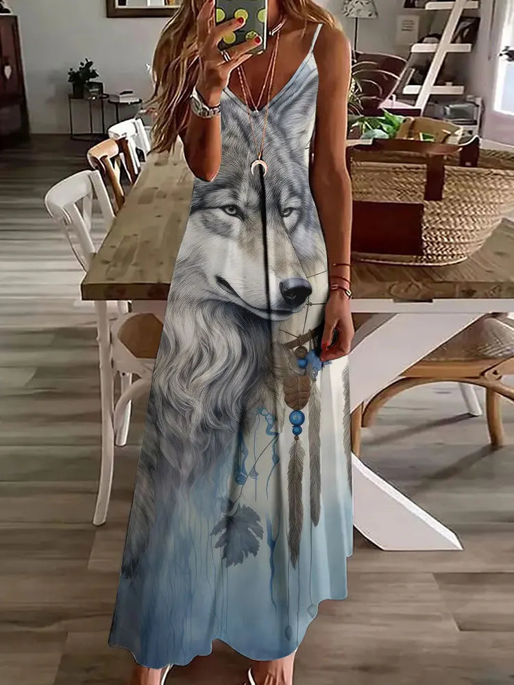 Women's Long Spaghetti Strap Tribal Pattern Dress