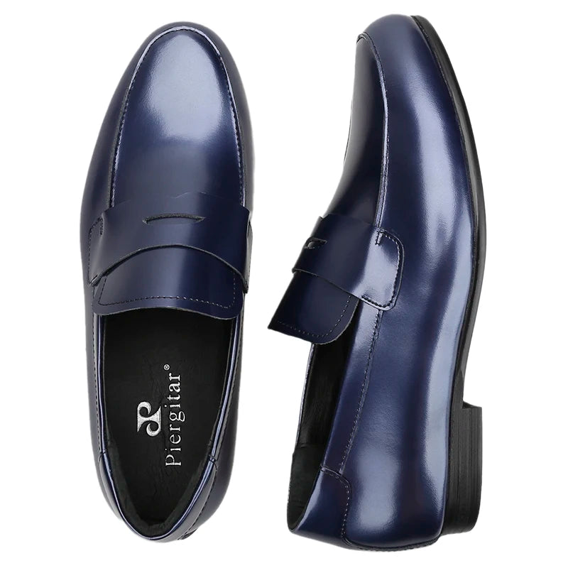 Piergitar Navy-Purple Smooth Genuine Leather Men's Penny Loafers Handmade Slip-On Male Flat Shoes For Party/Wedding Suit Wear