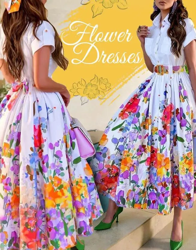 2023 Summer New Casual Commuting Women's Dress Fashion Elegant Commuting Floral Print Ruched Buttoned Shirt Dress Ottd