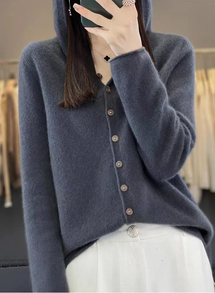 First Line 100% Merino Wool Knitted Cardigan Women's Autumn And Winter Hoodie Loose Sweater Fashionable Versatile Coat Top YC014