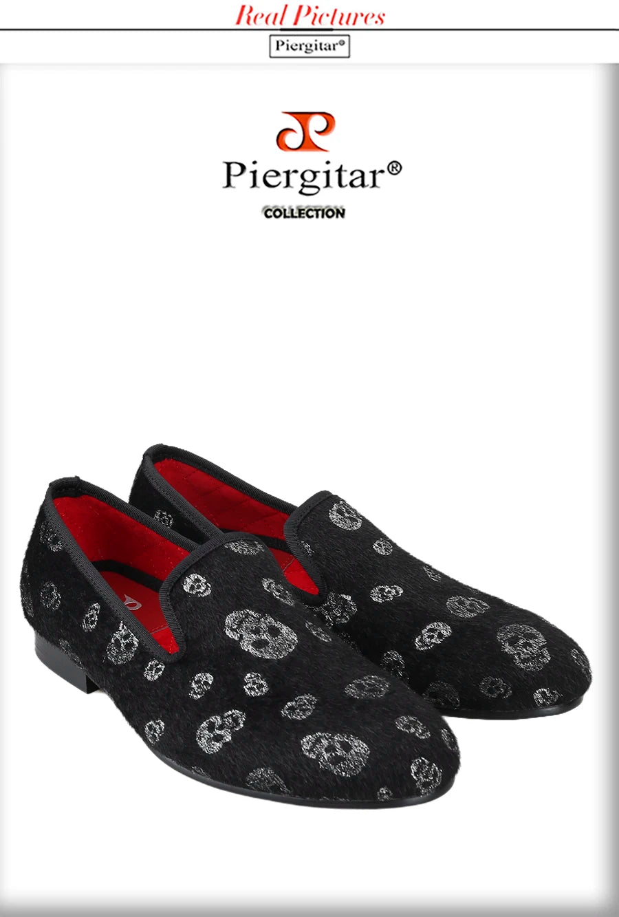 Piergitar New Style Black Horsehair Sliver Skull Embossed Men Shoes For Party Slip-On Loafers Smoking Slipper Men Flat Plus Size