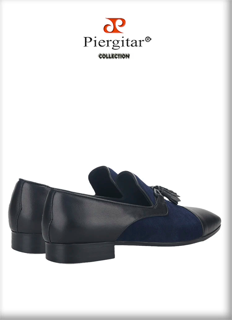 Piergitar 2023SS Navy Suede And Black Calfskin Leather Slippers With Handmade Tassels Italian Design Classic Men's Loafers