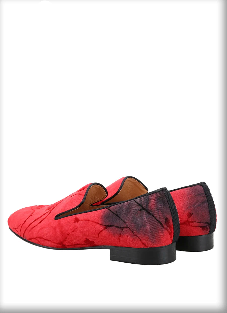 Men's Moccasins with Classic Bright Red Outsole and Three Colors of Flocking Jacquard Tie-Dyed Cottons