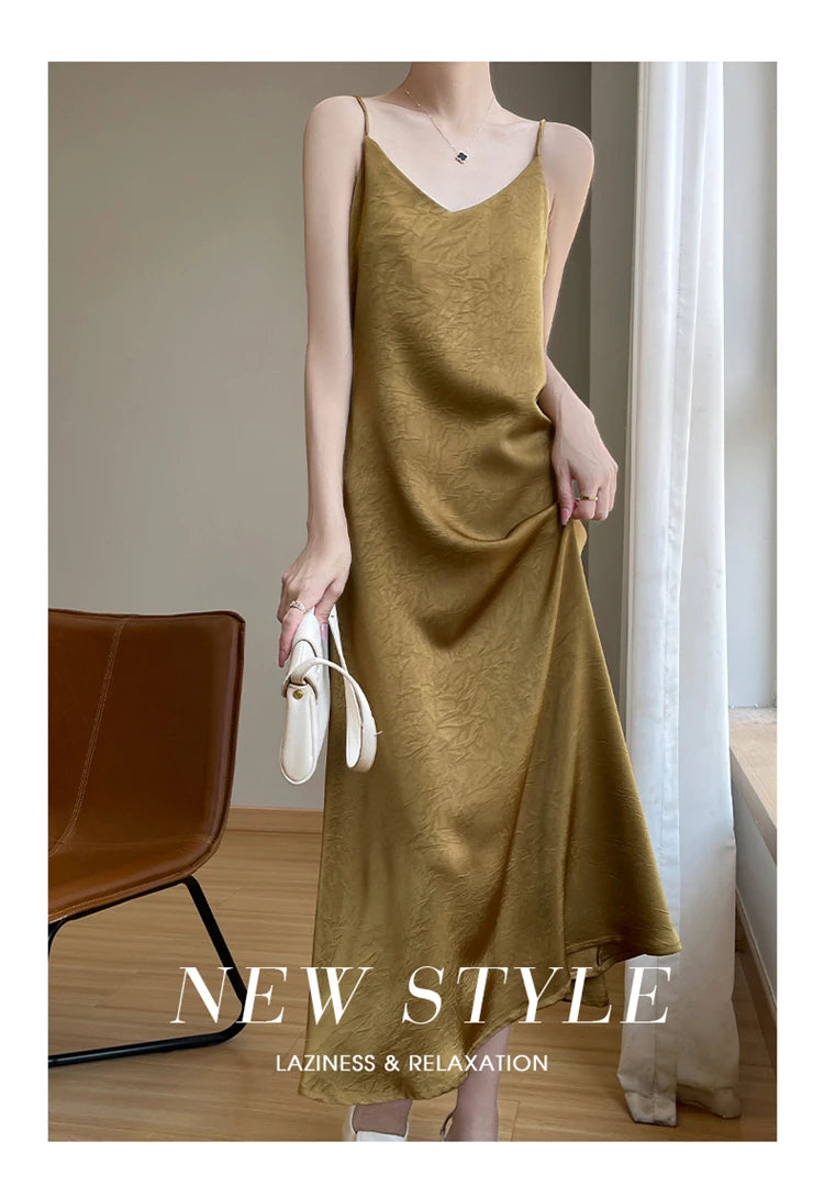 2025 New 100% Anti Wrinkle Mulberry Silk Strap Dress for Women's Summer New Loose Long Skirt