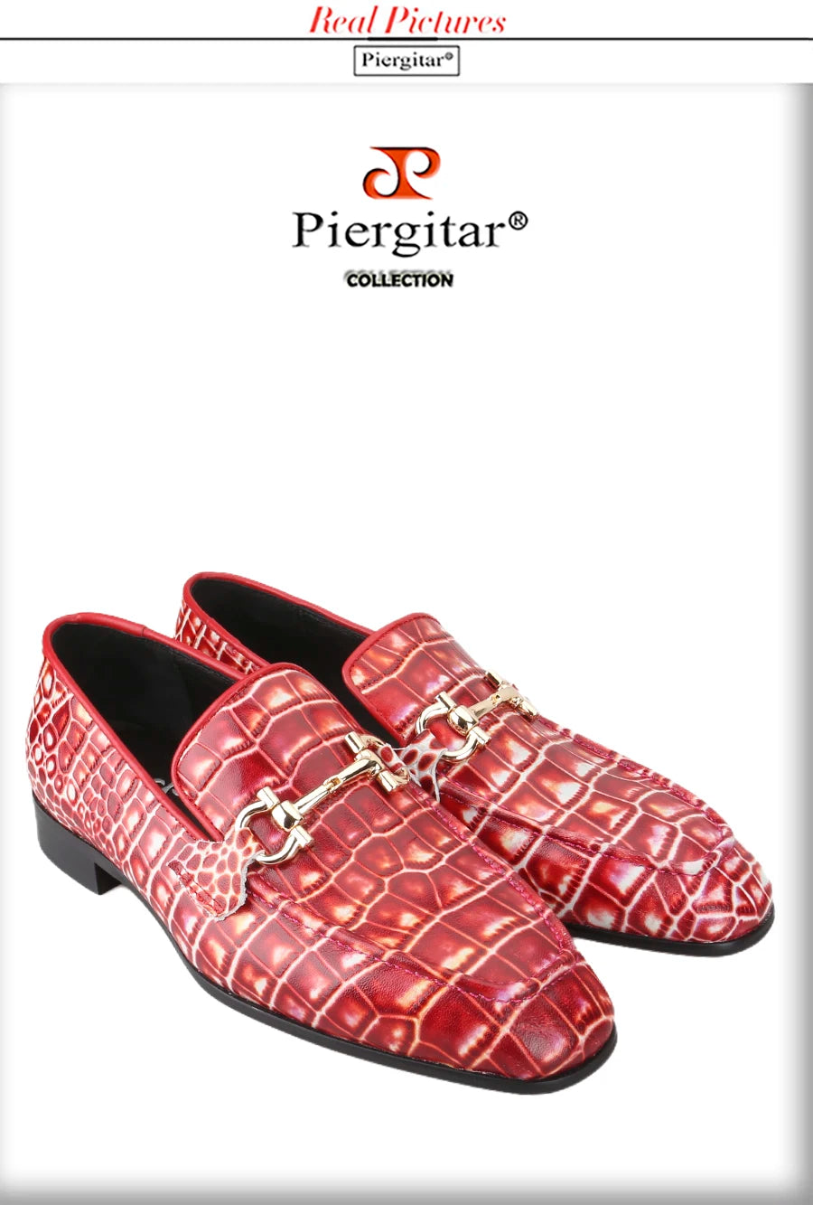 Piergitar Classic Model Gold Horsebits Men's Loafers Red And Light Green Crocodile Pattern Calfskin Handmade Slip-On Slippers