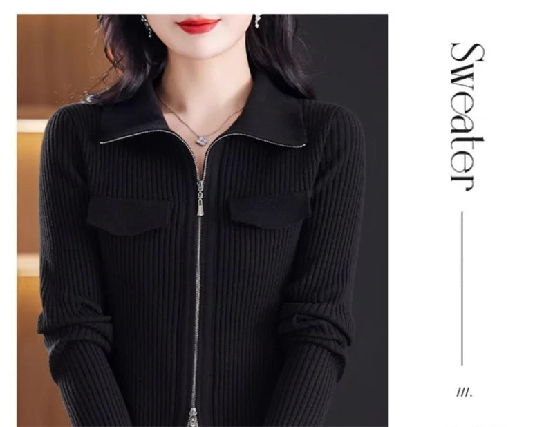 Spring Autumn Women Knitted Sweater Cardigan Short Jacket 2025 New Korean Fashion Zipper Solid Turn-Down Knit Coat Female Tops